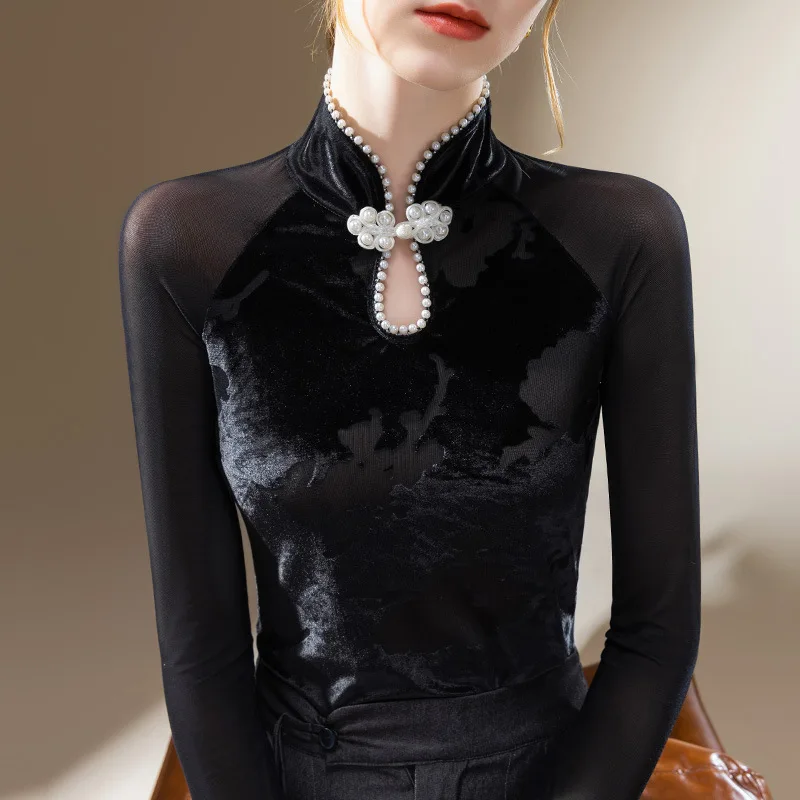 Velvet base shirt women2024New-style stand-up collar long-sleeve shirt with pearl button fasteningtT-shirt with a ci
Velvet base shirt women2024New-style stand-up collar long-sleeve shirt with pearl button fasteningtT-shirt with a ci
