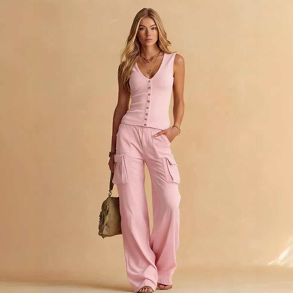 V-neck Sleeveless Vest Solid Color Slim Fit Top With Pockets Wide Leg Pants Two-piece Set For Womens 2026 Summer New Casual Suit
V-neck Sleeveless Vest Solid Color Slim Fit Top With Pockets Wide Leg Pants Two-piece Set For Womens 2026 Summer New Casual Suit
