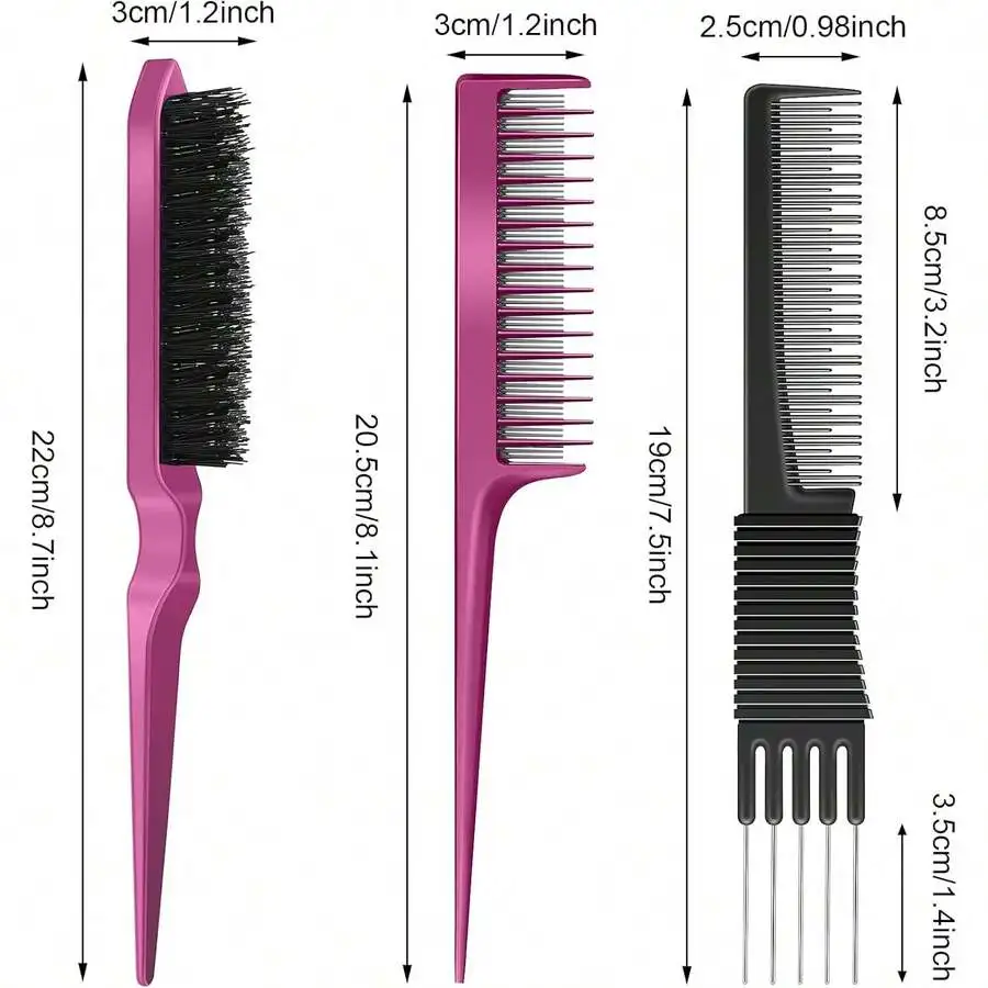 3-Piece Hair Brush Set With Metal Pin Teasing Comb, Nylon Bristle Brush And Triple Row Rat Tail Comb For Women
3-Piece Hair Brush Set With Metal Pin Teasing Comb, Nylon Bristle Brush And Triple Row Rat Tail Comb For Women