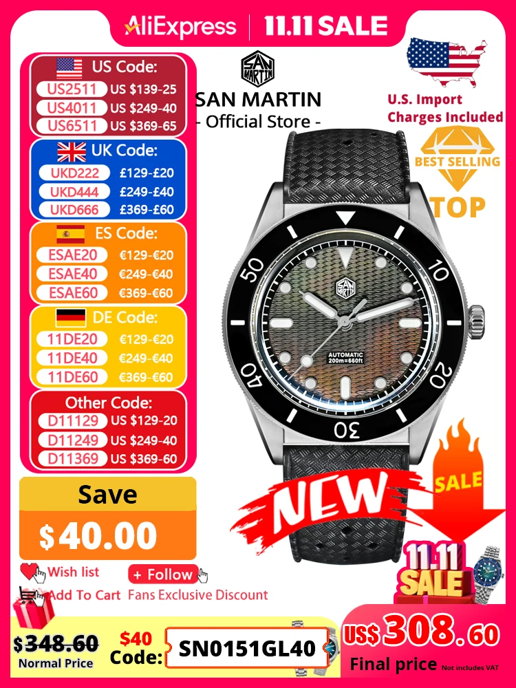 San Martin Official 39mm Guilloche MOP Dial Miyota 90S5 Sport Watch Automatic Mechanical Sapphire Bezel 20 ATM Luminous SN0151
San Martin Official 39mm Guilloche MOP Dial Miyota 90S5 Sport Watch Automatic Mechanical Sapphire Bezel 20 ATM Luminous SN0151