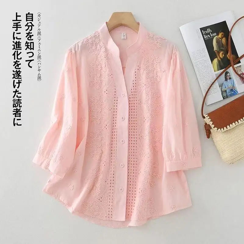 Flower Embroidery Cotton Hollow V-neck Shirt Female Summer Age-reducing Temperament Light Ripe Shirt Loose Casual Shirt
Flower Embroidery Cotton Hollow V-neck Shirt Female Summer Age-reducing Temperament Light Ripe Shirt Loose Casual Shirt
