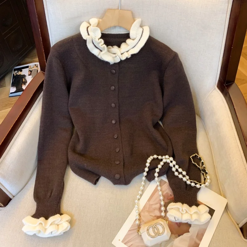 Vintage Ruffles Knitted Cardigan Women Harajuku Cropped Sweater Outerwears Korean Patchwork Knitwears Winter Long Sleeve Jumpers 
Vintage Ruffles Knitted Cardigan Women Harajuku Cropped Sweater Outerwears Korean Patchwork Knitwears Winter Long Sleeve Jumpers