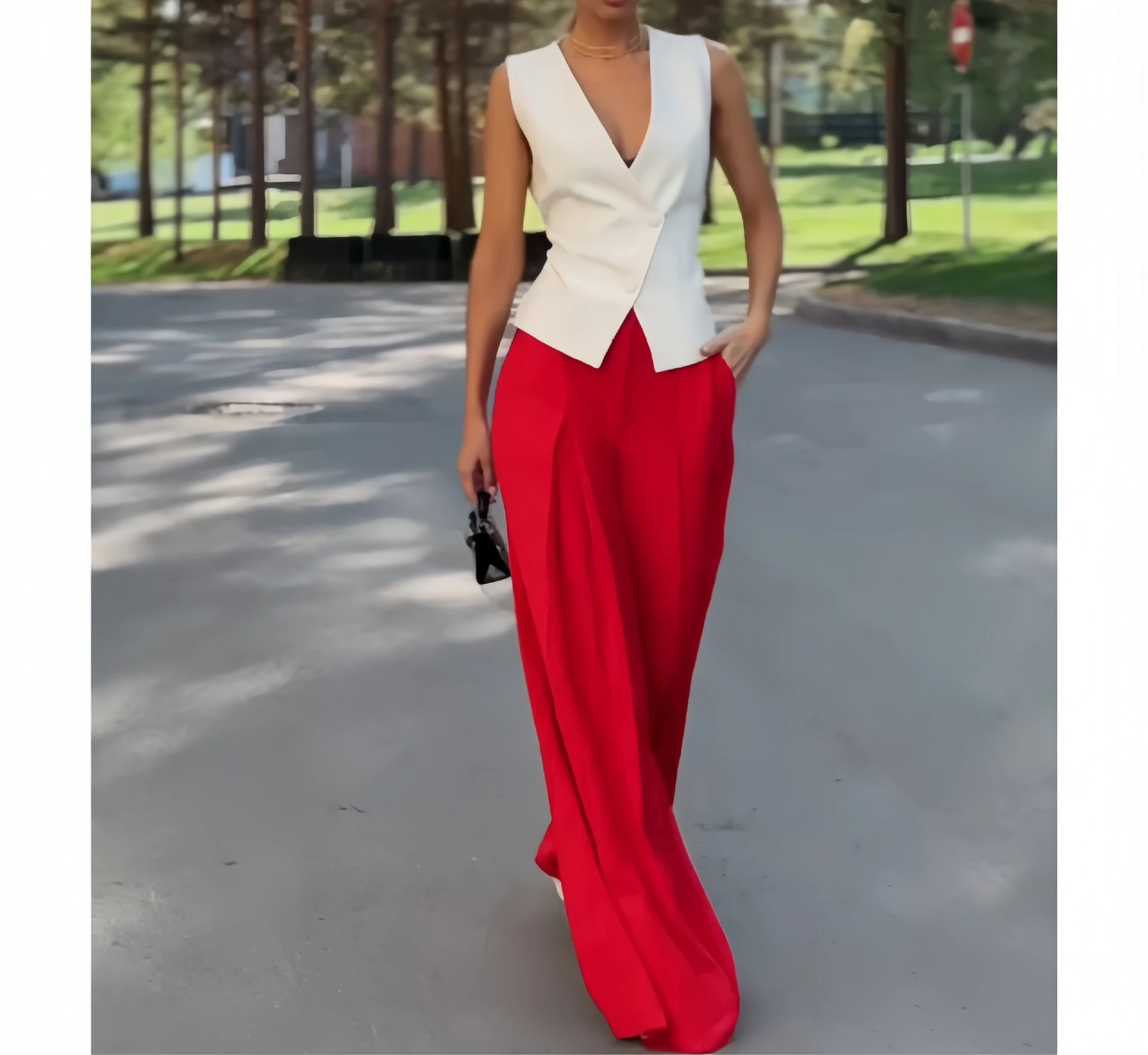 Pants Women's Sets 2024 Summer New Fashionable Personalized Deep V Sleeveless Top High Waist Wide Leg Trousers Two Piece Suit
Pants Women's Sets 2024 Summer New Fashionable Personalized Deep V Sleeveless Top High Waist Wide Leg Trousers Two Piece Suit