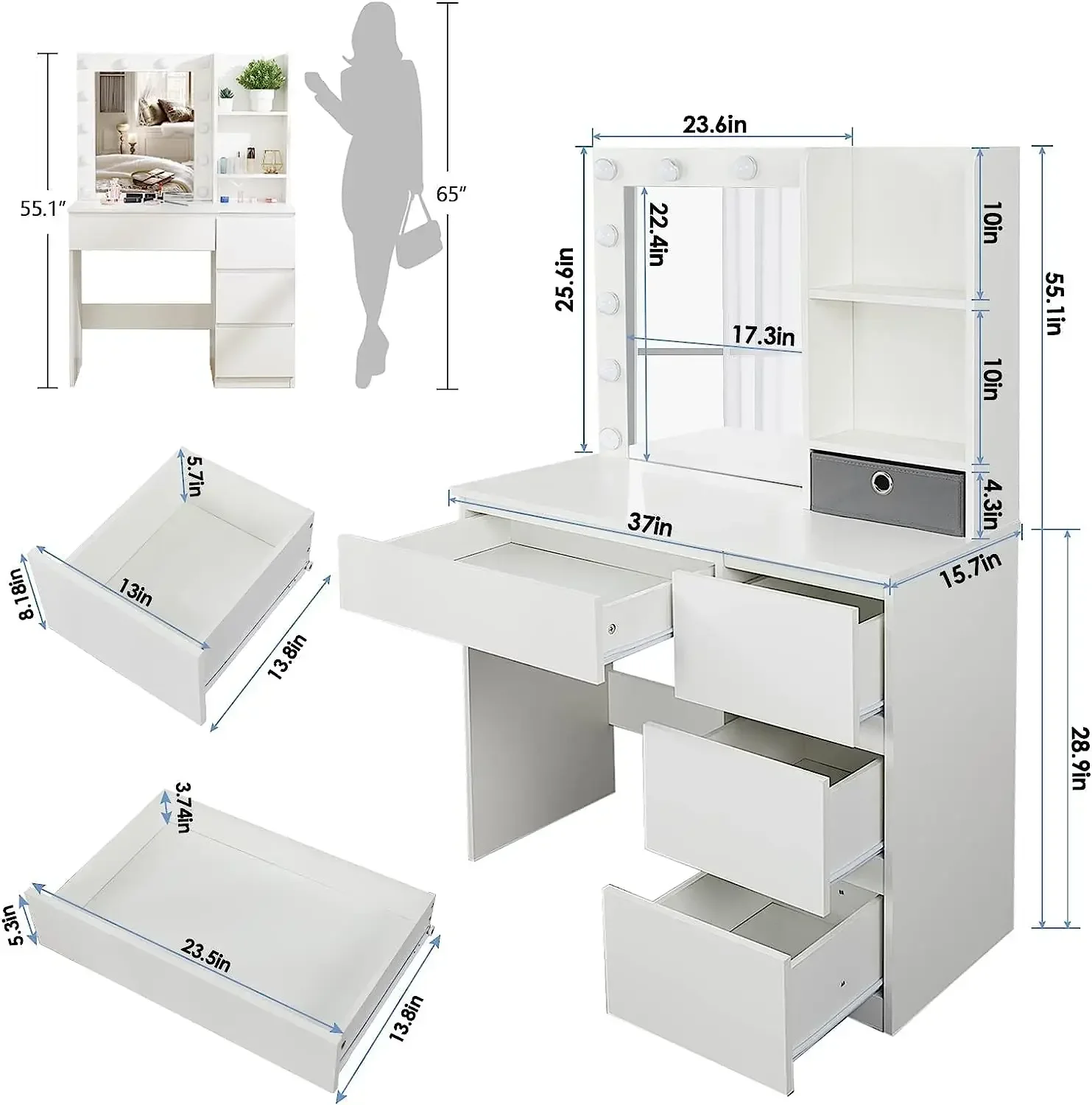 # Makeup Vanity Desk With 4 Large Drawers And Lighted Mirror #
# Makeup Vanity Desk With 4 Large Drawers And Lighted Mirror #