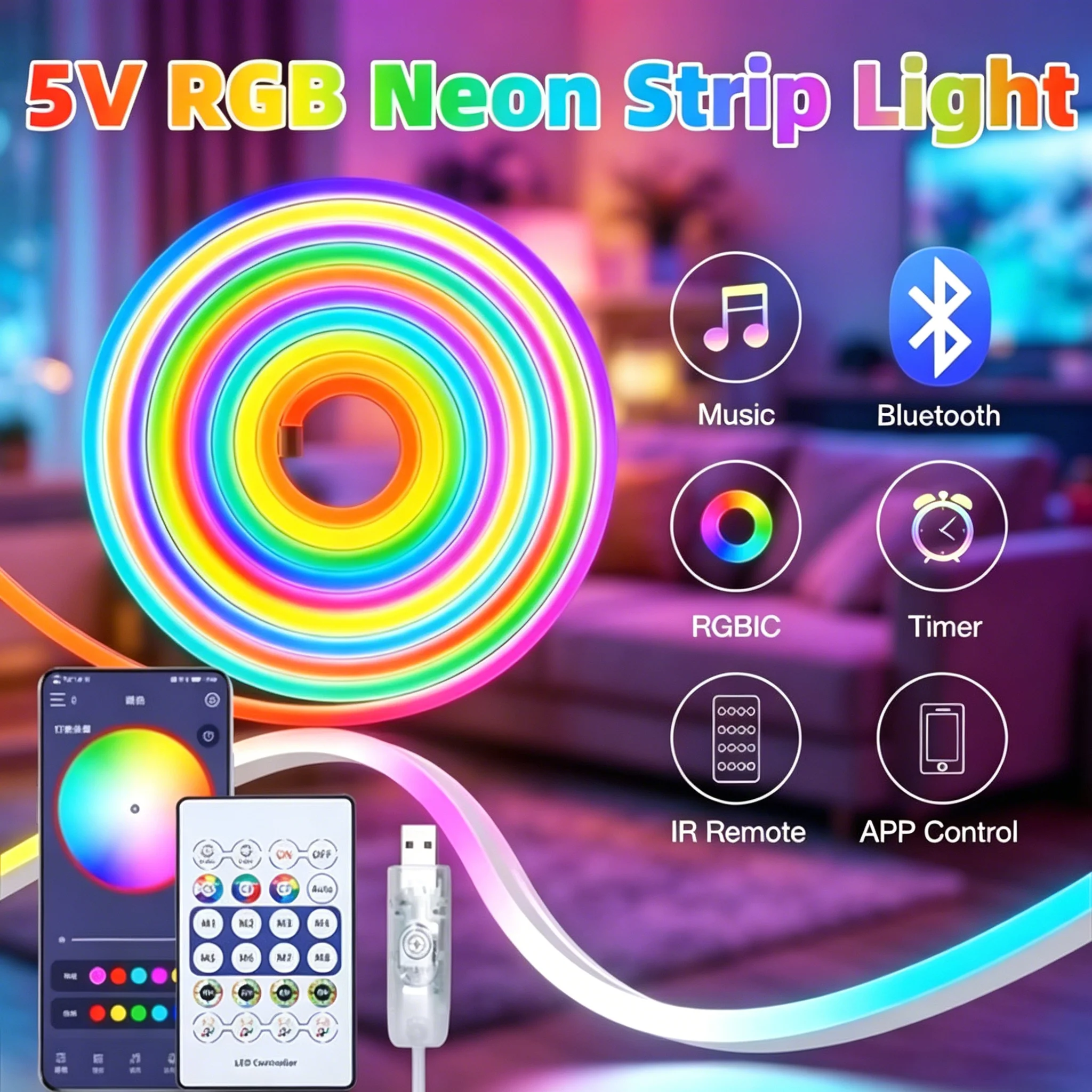 5V Dream Color RGBIC Neon LED Strip USB Powered Bluetooth APP Music Sync Rope Light for Party, Christmas, Bedroom Ambient Lamp
5V Dream Color RGBIC Neon LED Strip USB Powered Bluetooth APP Music Sync Rope Light for Party, Christmas, Bedroom Ambient Lamp