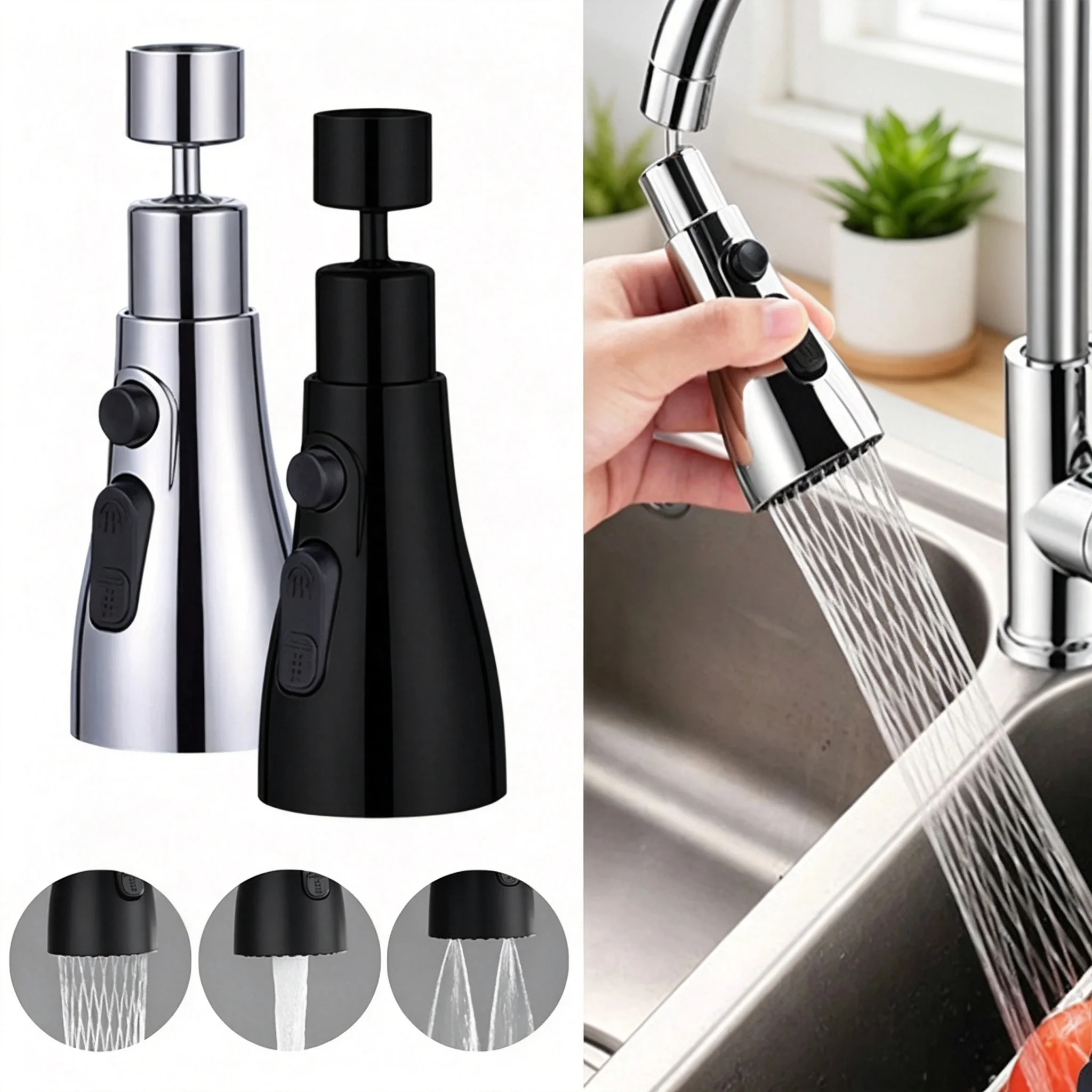 360° Rotatable Kitchen Tap Extension Sprayer with 3 Water Flow Modes Universal Splash Filter Nozzle Easy Install for Sink
360° Rotatable Kitchen Tap Extension Sprayer with 3 Water Flow Modes Universal Splash Filter Nozzle Easy Install for Sink
