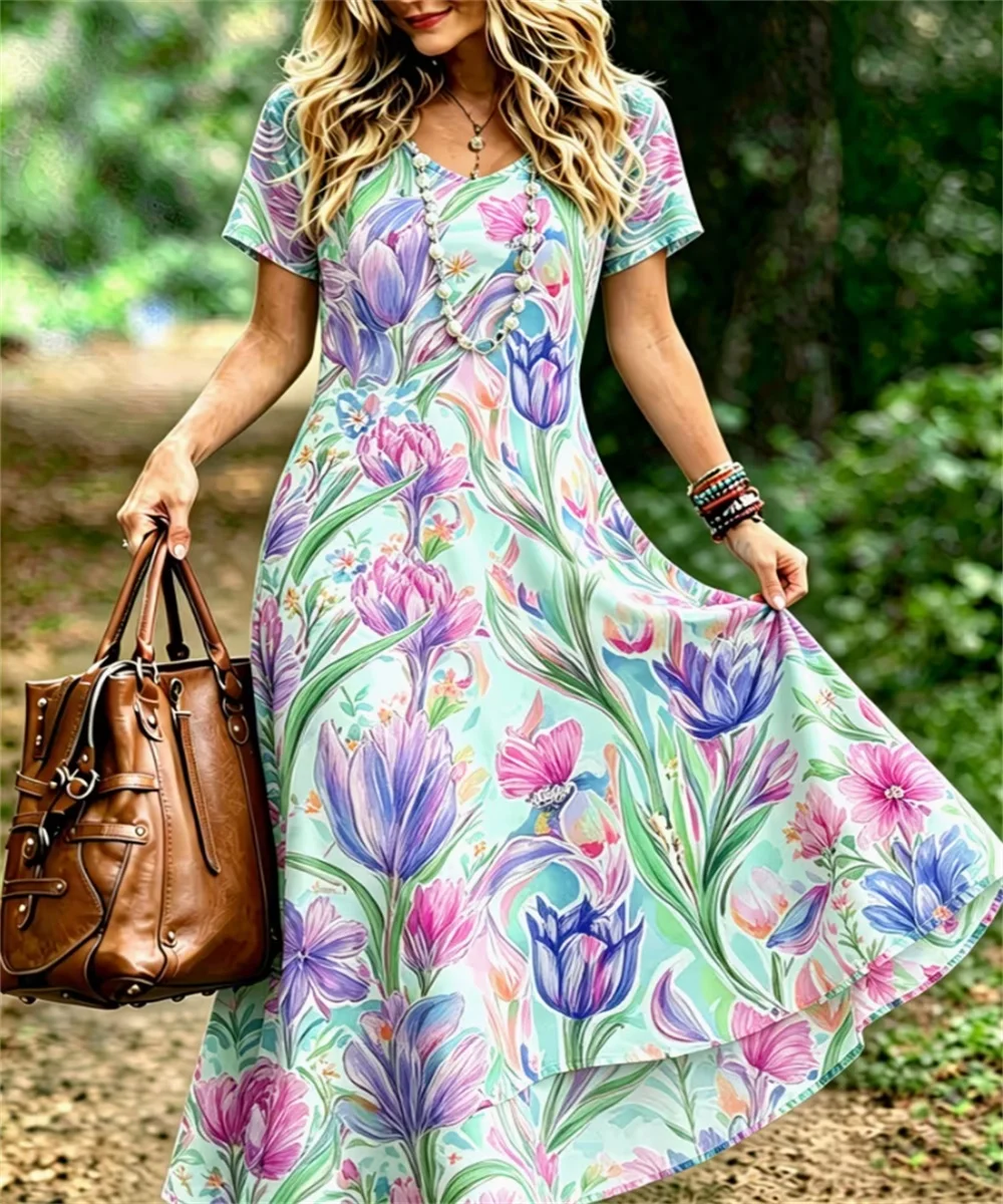 Ladies' summer new watercolor textured tulip print daily comfortable dress, elegant and casual V-neck dress
Ladies' summer new watercolor textured tulip print daily comfortable dress, elegant and casual V-neck dress