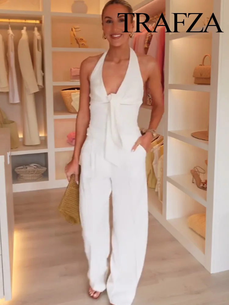 TRAFZA Women 2-Piece Pant Suit Hanging Neck Collar Knot Decoration Top+Chic High Waist Side Pocket Zipper Pleated Wide-Leg Pants
TRAFZA Women 2-Piece Pant Suit Hanging Neck Collar Knot Decoration Top+Chic High Waist Side Pocket Zipper Pleated Wide-Leg Pants