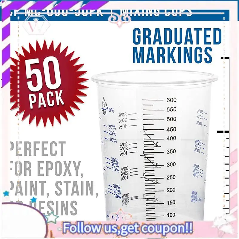 Premium 50Piece Graduated Plastic Mixing Cups - Use For Paint, Resin, Epoxy, Art 20 Oz (600Ml) Disposable
Premium 50Piece Graduated Plastic Mixing Cups - Use For Paint, Resin, Epoxy, Art 20 Oz (600Ml) Disposable