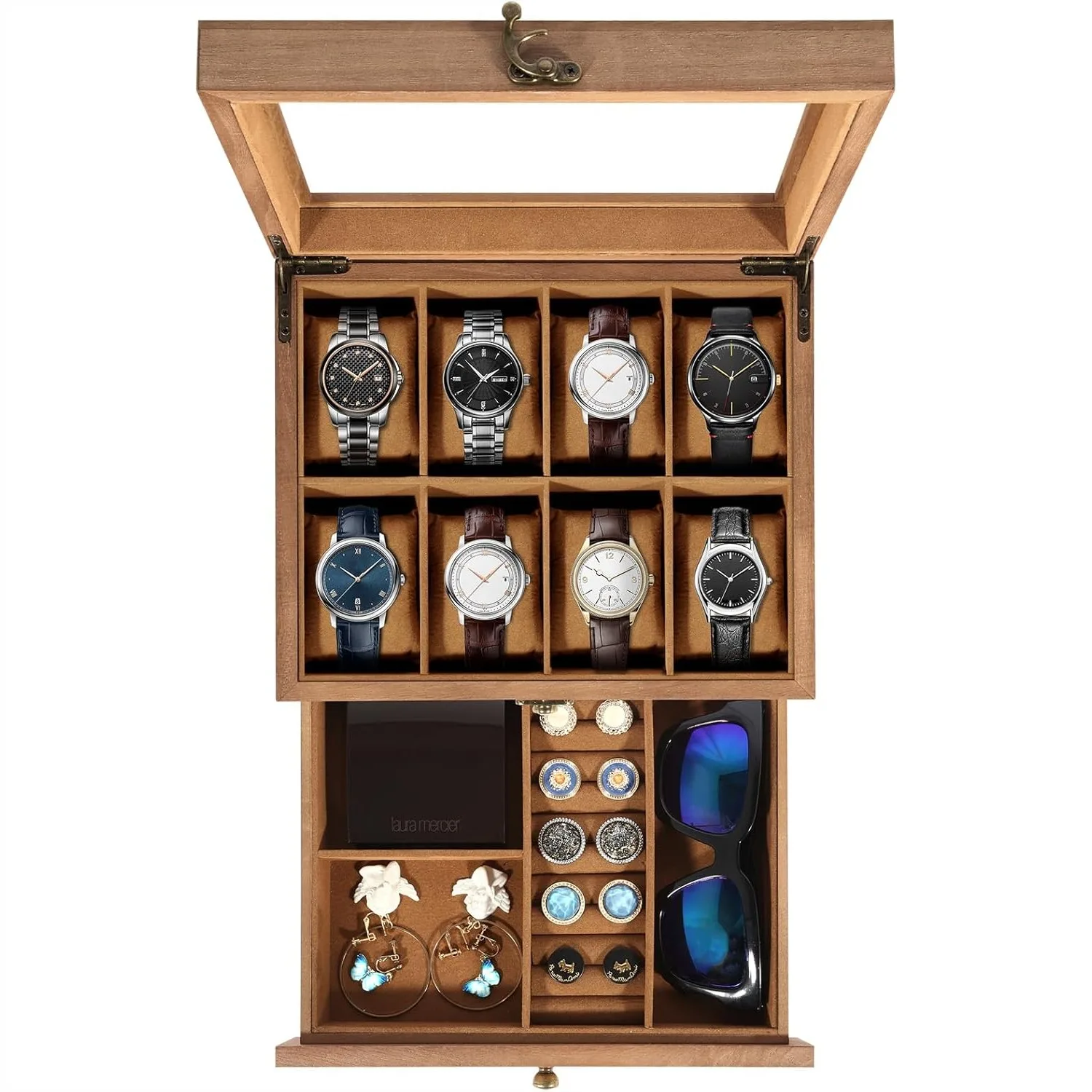 Wooden Watch Box with Glass Lid, 8-Slot Display Case for Men, 2-Layer Storage Organizer with Velvet Lining
Wooden Watch Box with Glass Lid, 8-Slot Display Case for Men, 2-Layer Storage Organizer with Velvet Lining