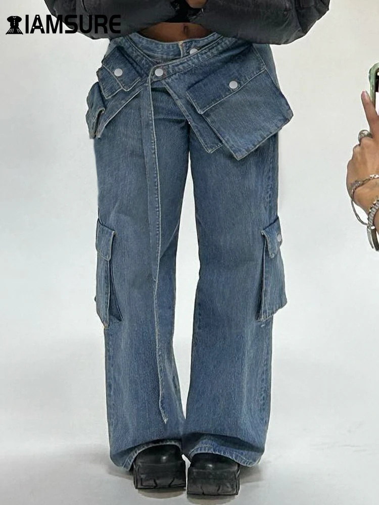 IAMSURE Casual Streetwear Big Pockets Wide Leg Pants With Belt Loose Bandage High Waisted Jeans Women 2023 Autumn Winter Fashion
IAMSURE Casual Streetwear Big Pockets Wide Leg Pants With Belt Loose Bandage High Waisted Jeans Women 2023 Autumn Winter Fashion