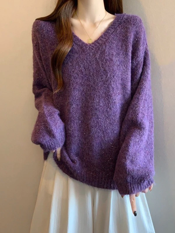 V-Neck Shoulder-Length Purple Cashmere Knitted Sweater Women's Shiny Loose Fit Long Sleeve Autumn Fashion Commute Style
V-Neck Shoulder-Length Purple Cashmere Knitted Sweater Women's Shiny Loose Fit Long Sleeve Autumn Fashion Commute Style