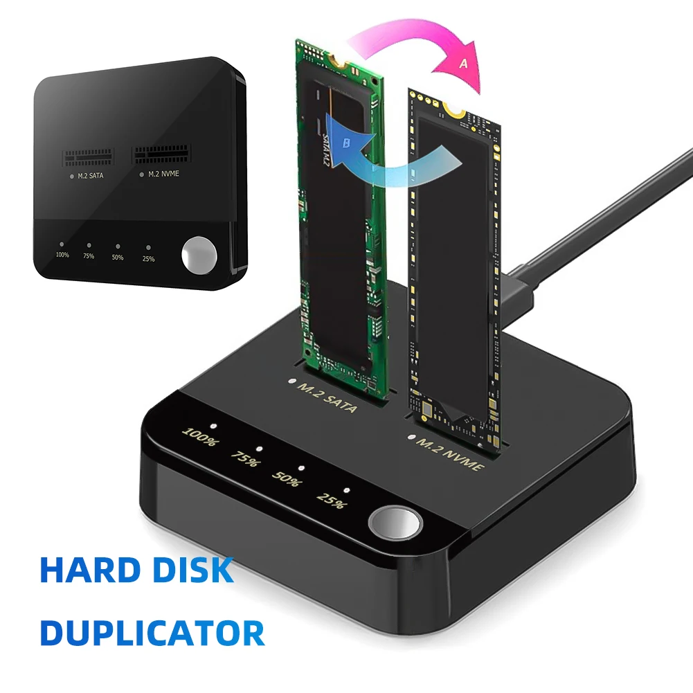 Док-станция для жестких дисков M.2 SATA/NVMe с двумя отсеками, клон Duplicaotr со светодиодным индикатором, Дубликатор M.2 SSD, чтение данных в магазине 
Док-станция для жестких дисков M.2 SATA/NVMe с двумя отсеками, клон Duplicaotr со светодиодным индикатором, Дубликатор M.2 SSD, чтение данных в магазине