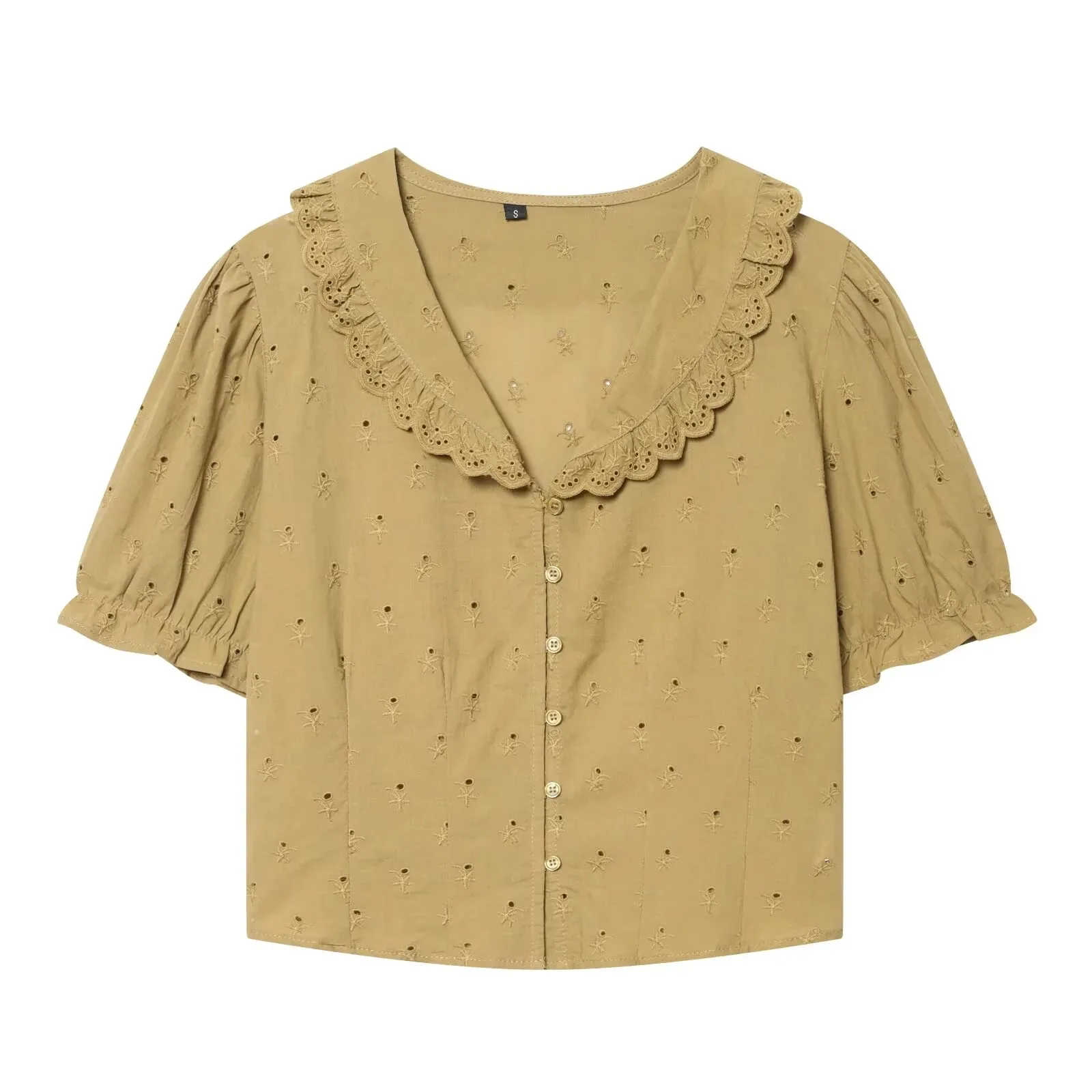 European and American Style 2026 Summer New Women's Casual Simple Puff Sleeve Embroidered Small Round Lapel Shirt
European and American Style 2026 Summer New Women's Casual Simple Puff Sleeve Embroidered Small Round Lapel Shirt