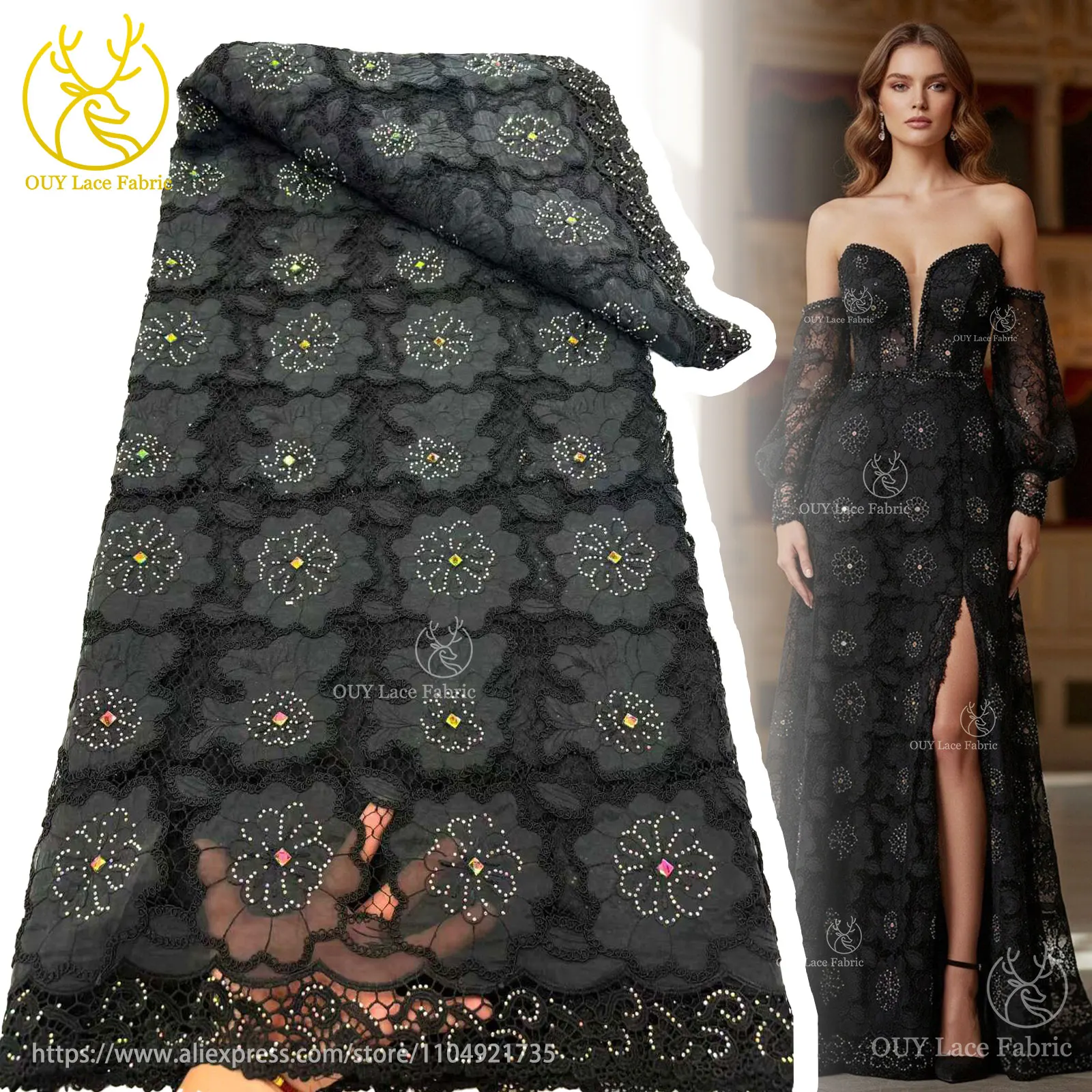 Black Latest African Lace Guipure Lace Rope Stone Lace Fabric 2025 Nigerian Mesh Lace Fabric for Women's Dinner Dress Party
Black Latest African Lace Guipure Lace Rope Stone Lace Fabric 2025 Nigerian Mesh Lace Fabric for Women's Dinner Dress Party