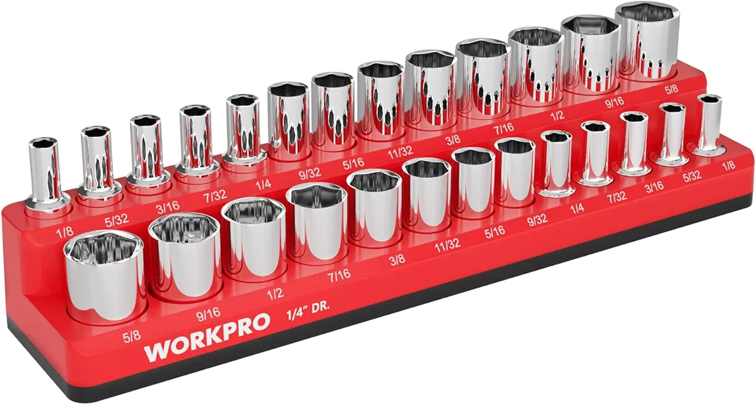 WORKPRO Magnetic Socket Organizer, 1/4-Inch SAE Socket Holder, Socket Trays Holds 26 Pieces Standard Size and Deep Size Sockets(Sockets not Included)
WORKPRO Magnetic Socket Organizer, 1/4-Inch SAE Socket Holder, Socket Trays Holds 26 Pieces Standard Size and Deep Size Sockets(Sockets not Included)