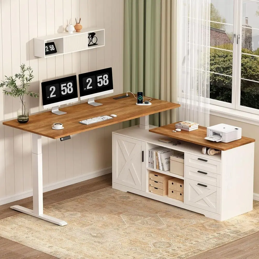 L-Shaped Electric Standing Desk, 55 Height Adjustable with Cabinet, Desks & Storage Shelves, Power Outlets, Brown/White
L-Shaped Electric Standing Desk, 55 Height Adjustable with Cabinet, Desks & Storage Shelves, Power Outlets, Brown/White