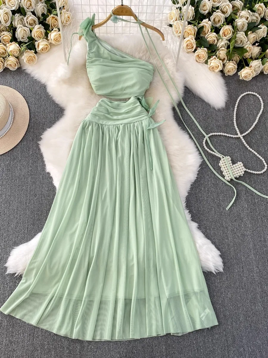 Foamlina Fairy Elegant Fresh Green Floral Asymmetrical Sling Dress Women Cinched Waist Slim Fit Pleated Maxi Holiday Dress
Foamlina Fairy Elegant Fresh Green Floral Asymmetrical Sling Dress Women Cinched Waist Slim Fit Pleated Maxi Holiday Dress