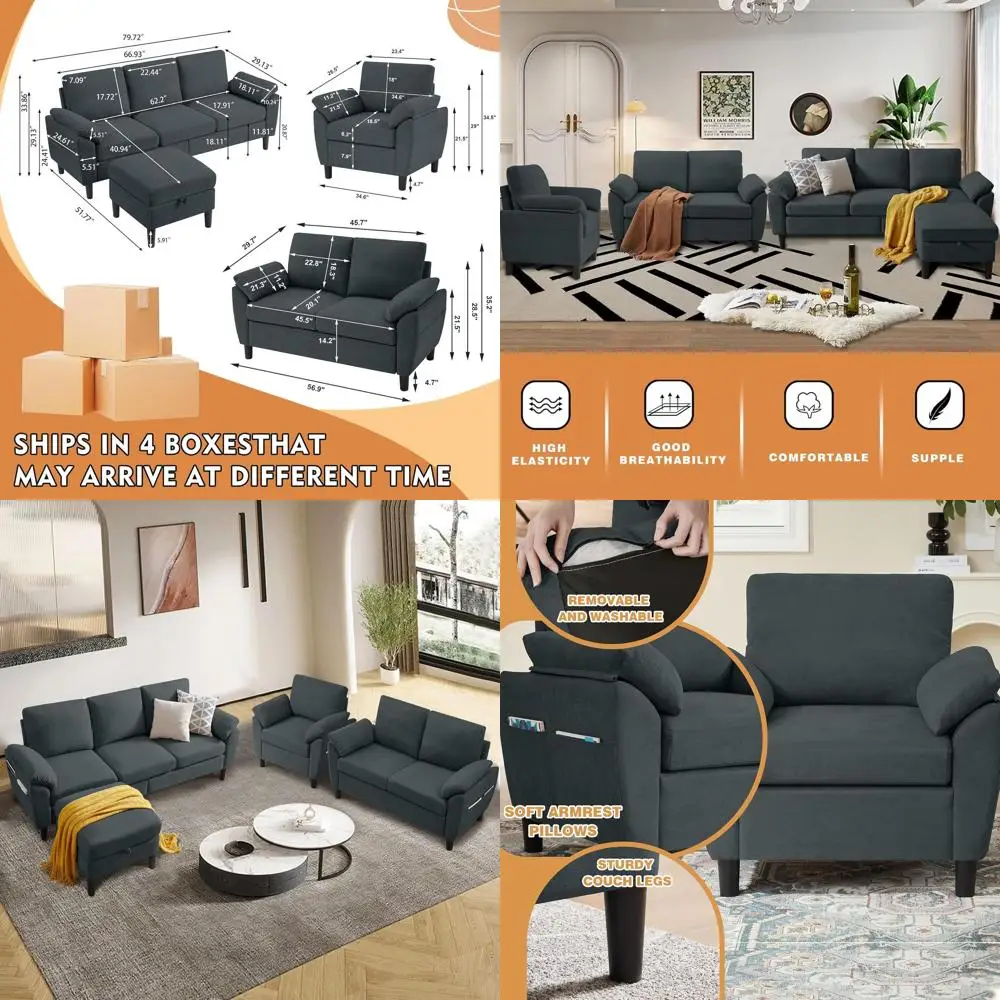 4-Piece Reversible Chaise Sectional Sofa Set, Linen L-Shaped Couch, 3-Seater, Loveseat, Armchair, Grey for Living or Office Spac
4-Piece Reversible Chaise Sectional Sofa Set, Linen L-Shaped Couch, 3-Seater, Loveseat, Armchair, Grey for Living or Office Spac
