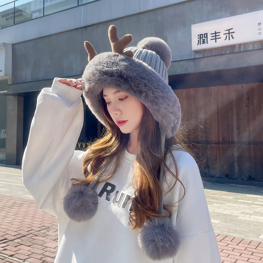 Knitted Russian Cap Cute Plush Antlers women's Autumn Winter Trichotomous Wool Cap Simple Fashion Warm Windproof Cap
Knitted Russian Cap Cute Plush Antlers women's Autumn Winter Trichotomous Wool Cap Simple Fashion Warm Windproof Cap