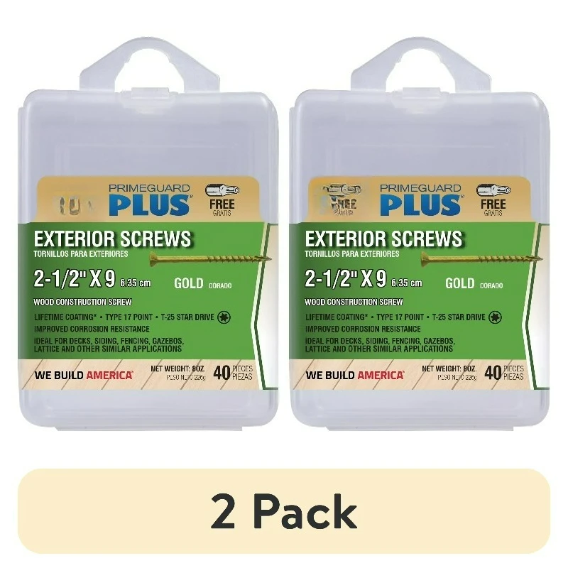 (2 pack) PrimeGuard Plus #9 x 2-1/2 in. Gold Wood to Wood Deck Screw 40CT
(2 pack) PrimeGuard Plus #9 x 2-1/2 in. Gold Wood to Wood Deck Screw 40CT