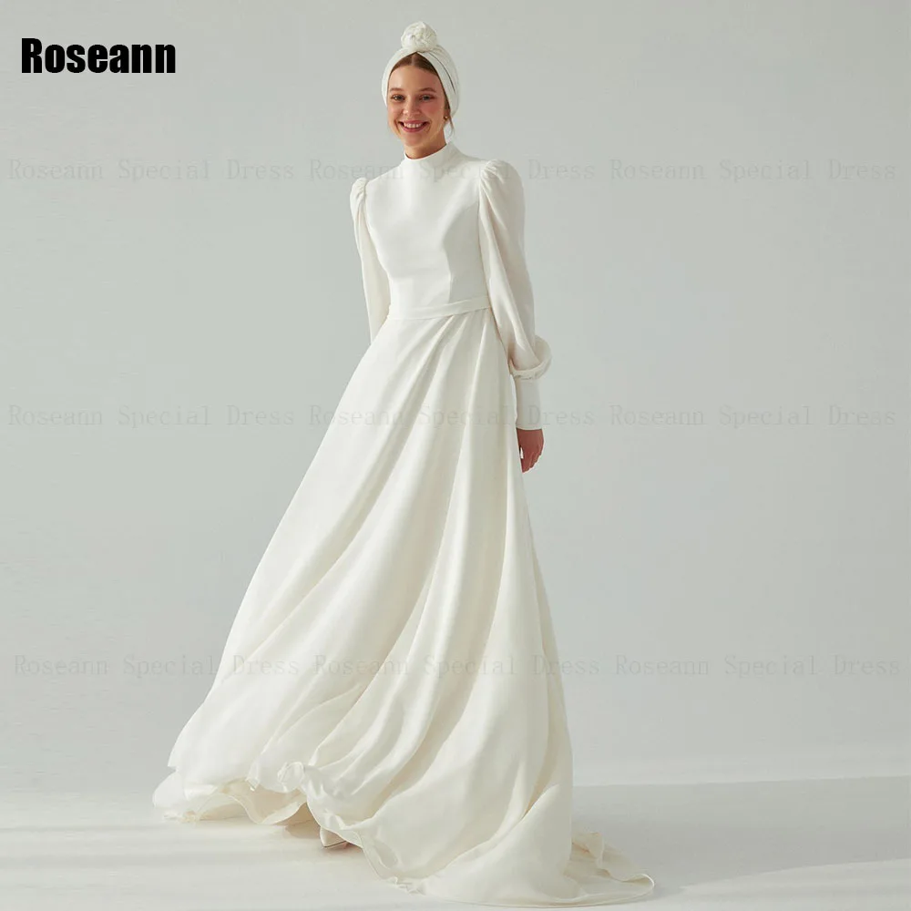 Muslim Ivory High Collar A-line Wedding Dresses Button Vertically Full Draped Pleat Satin Bride Gown Floor Length robe de mariée 
Muslim Ivory High Collar A-line Wedding Dresses Button Vertically Full Draped Pleat Satin Bride Gown Floor Length robe de mariée