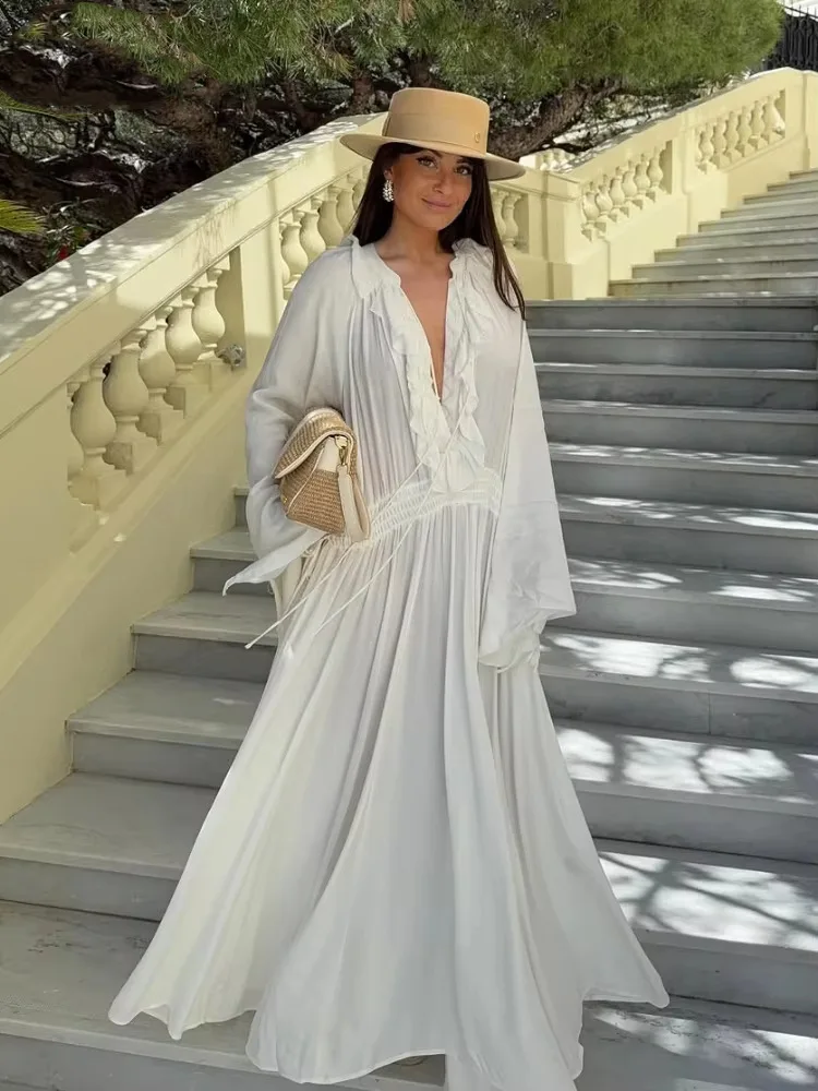 White Drawstring Loose Maxi Dress Women Ruffle Lace-up V Neck Long Sleeve A-line Vestidos Summer Casual Simple Holiday Dresses
White Drawstring Loose Maxi Dress Women Ruffle Lace-up V Neck Long Sleeve A-line Vestidos Summer Casual Simple Holiday Dresses