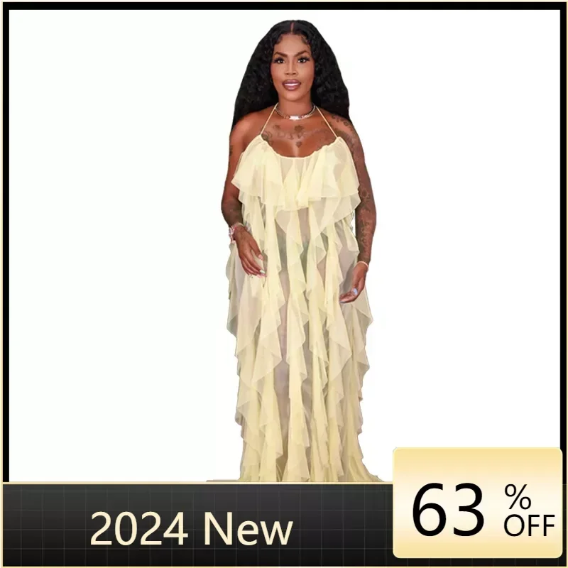 Spaghetti Strap Sexy Hollow Out Mesh See-through Open Back Maxi Dress Summer Women Elegant Fashion Ruffles Long Party Dress
Spaghetti Strap Sexy Hollow Out Mesh See-through Open Back Maxi Dress Summer Women Elegant Fashion Ruffles Long Party Dress