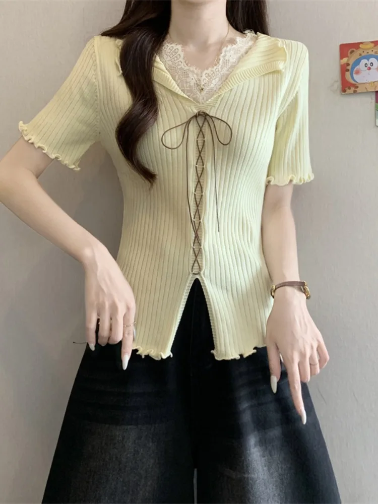 Summer Slim Fit Short Sleeve T-Shirt Women's V-neck Lace Patchwork Belted Ice Silk Knitted Top Korean Style Citywalk Fashion
Summer Slim Fit Short Sleeve T-Shirt Women's V-neck Lace Patchwork Belted Ice Silk Knitted Top Korean Style Citywalk Fashion
