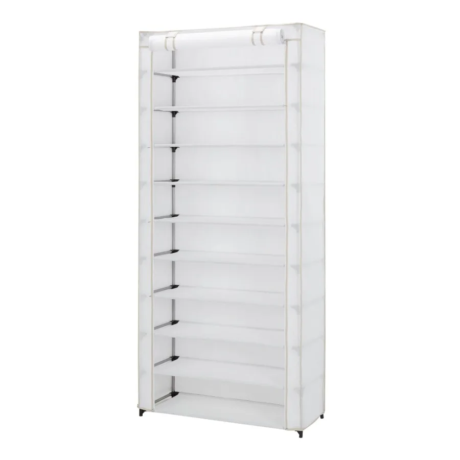 Shoe rack organizer for home use, white plastic, 10-tier capacity for 30 pairs, with cover, 31.5 in W x 13.46 in D x 69.09 in H
Shoe rack organizer for home use, white plastic, 10-tier capacity for 30 pairs, with cover, 31.5 in W x 13.46 in D x 69.09 in H