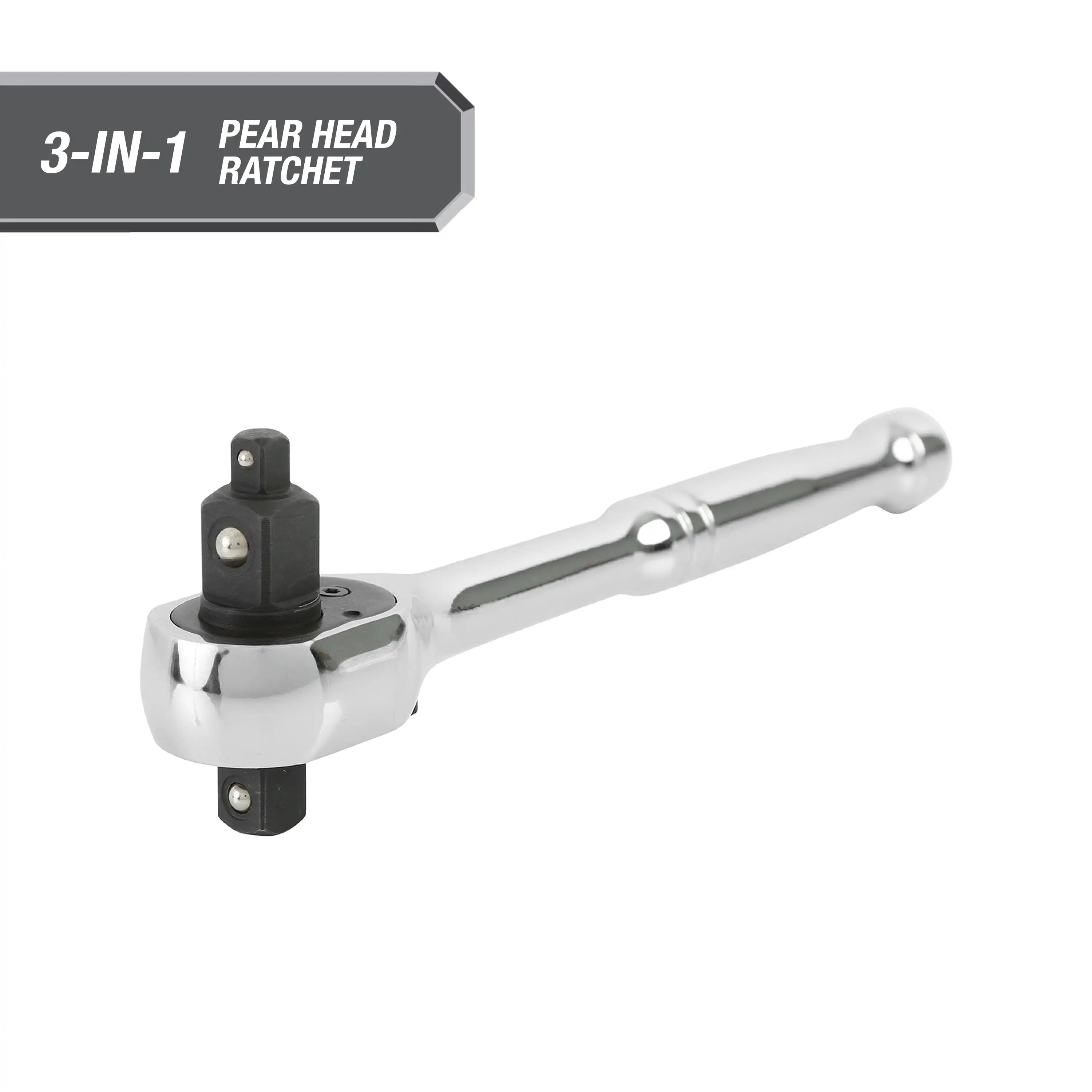 3-in-1 Quick Release Standard Steel Chrome Pear Head Ratchet Wrench, 1/4", 3/8", & 1/2" Drives in One
3-in-1 Quick Release Standard Steel Chrome Pear Head Ratchet Wrench, 1/4", 3/8", & 1/2" Drives in One