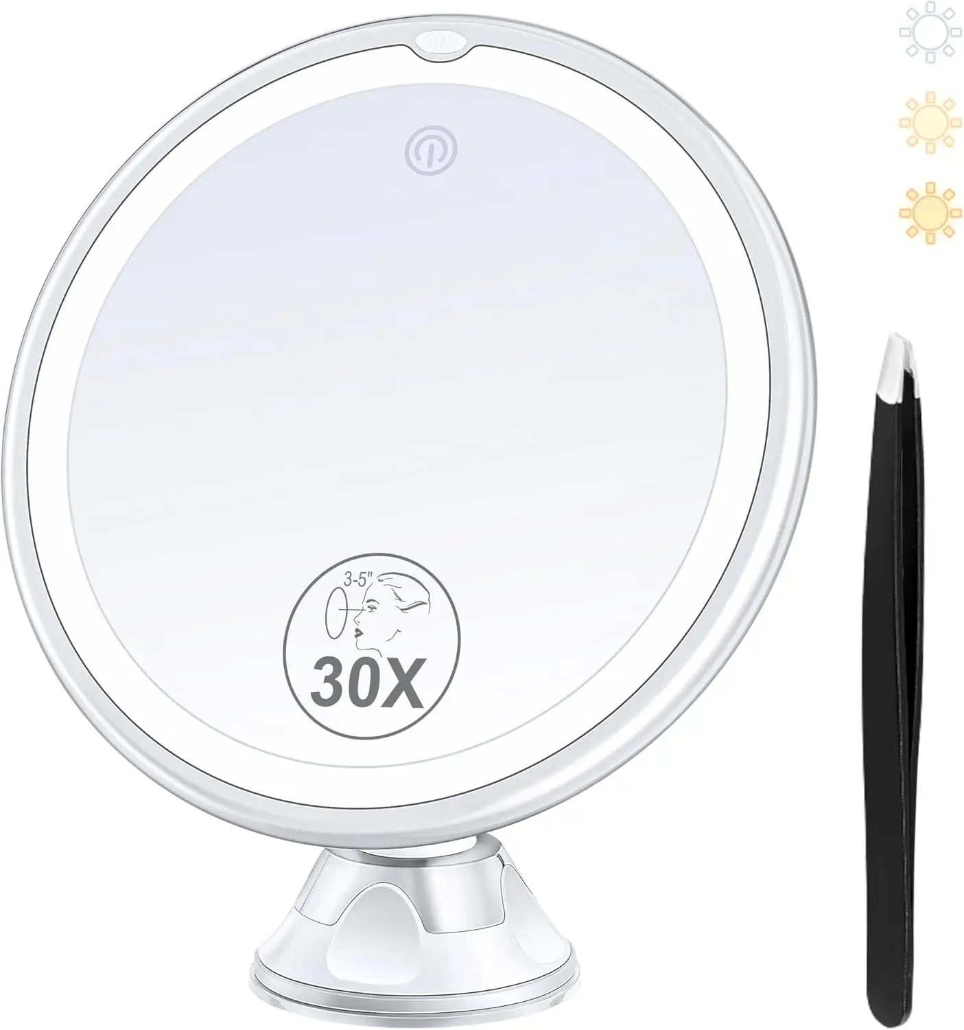 30X Magnifying Mirror with Light, 3 Color Modes, Adjustable Brightness, 360° Swivel & Suction Cup for Bathroom Makeup
30X Magnifying Mirror with Light, 3 Color Modes, Adjustable Brightness, 360° Swivel & Suction Cup for Bathroom Makeup