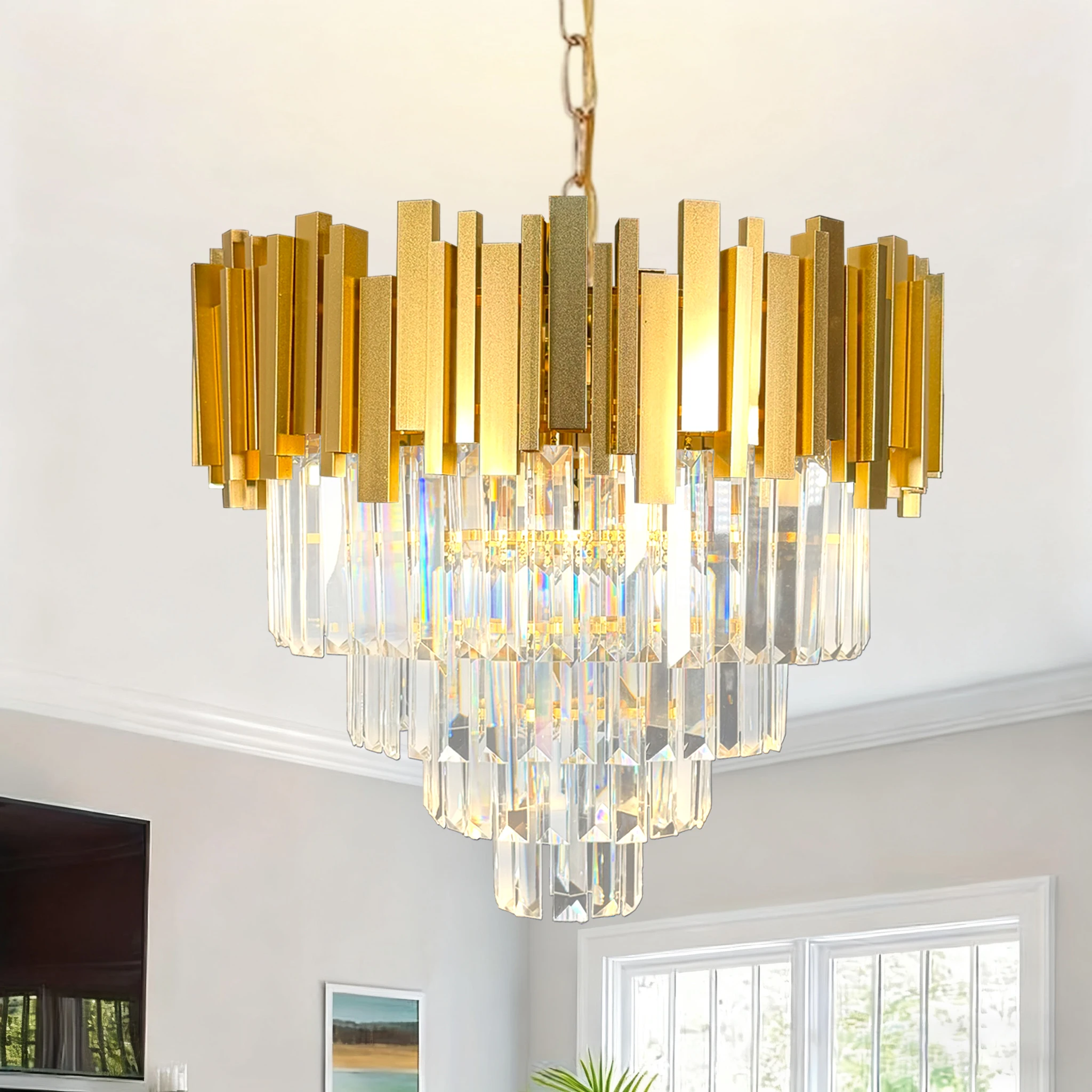 Modern Gold K9 Crystal Chandelier, Round Dimmable 4-Tier Rustproof Crystal Chandelier for dining room/bedroom/living room
Modern Gold K9 Crystal Chandelier, Round Dimmable 4-Tier Rustproof Crystal Chandelier for dining room/bedroom/living room