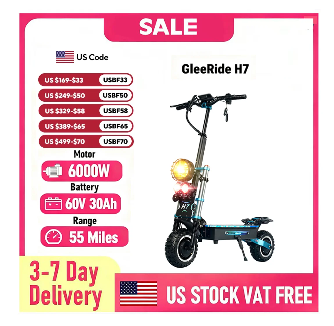 GleeRide H7 11" Off-Road Electric Scooter 3000W*2 Dual Motor 60V 30Ah LG Battery
GleeRide H7 11" Off-Road Electric Scooter 3000W*2 Dual Motor 60V 30Ah LG Battery