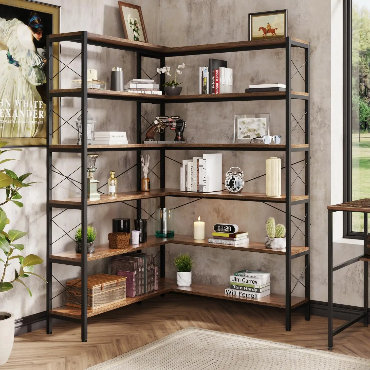 6-Shelf Vintage Industrial L-Shaped Corner Bookshelf, Metal Frame Open Storage Rack (Retro Brown)
6-Shelf Vintage Industrial L-Shaped Corner Bookshelf, Metal Frame Open Storage Rack (Retro Brown)