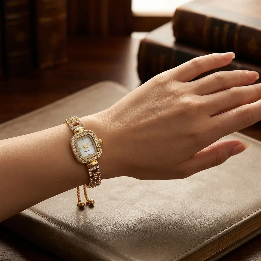 Vintage Golden Crystal Encrusted Square Dial Women Quartz Watch Adjustable Slide Bracelet Chain Waterproof Dress Wrist Watch For Office Wedding Party Female Fashion Accessory Gift
Vintage Golden Crystal Encrusted Square Dial Women Quartz Watch Adjustable Slide Bracelet Chain Waterproof Dress Wrist Watch For Office Wedding Party Female Fashion Accessory Gift