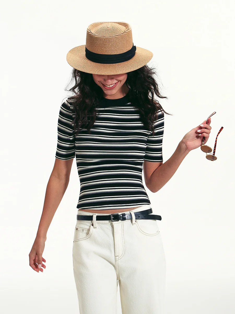 Slim Fit High Elastic round Neck Short Sleeve Women's T-shirt Black White Stripe Base Layer Top Vintage Style Base Shirt
Slim Fit High Elastic round Neck Short Sleeve Women's T-shirt Black White Stripe Base Layer Top Vintage Style Base Shirt
