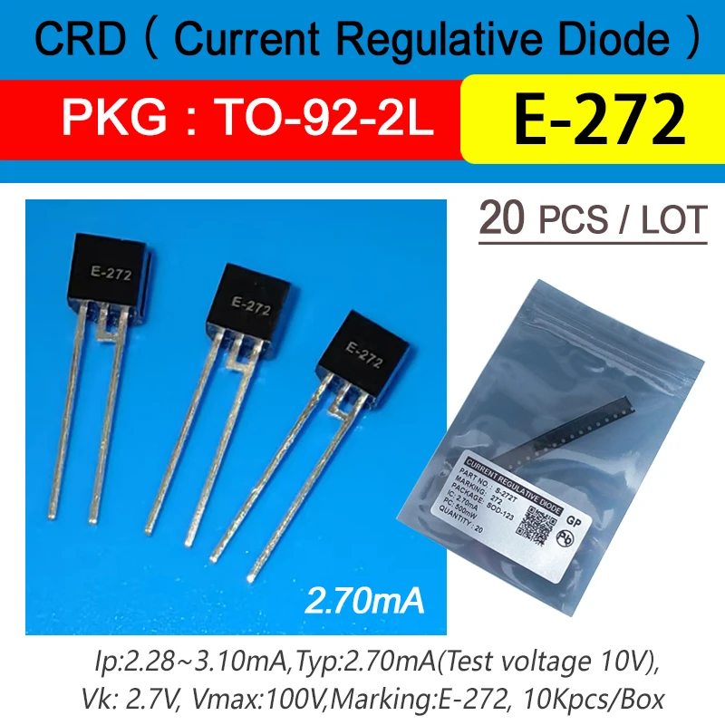 20Pcs/Lot Crd Diodes E-272 2.7Ma 100V Marking E-272 Package To-92-2L Current Regulative Diode Free Shipping
20Pcs/Lot Crd Diodes E-272 2.7Ma 100V Marking E-272 Package To-92-2L Current Regulative Diode Free Shipping