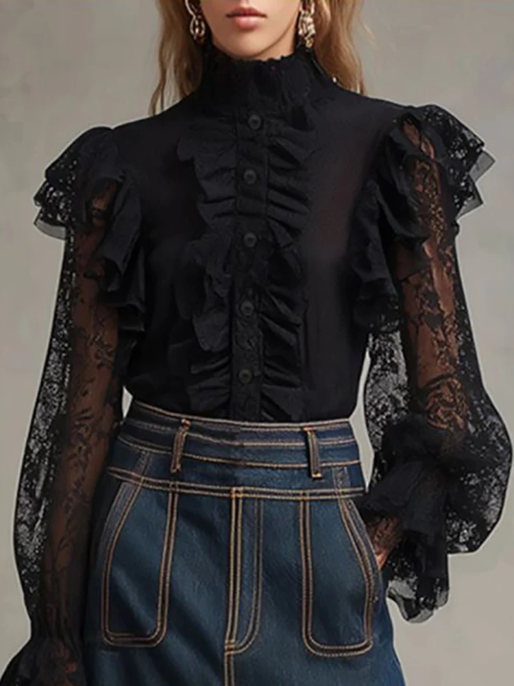 Women's Black Lace Ruffle Trim Blouse Vintage Gothic Sheer Bell Sleeve Elegant Button High Neck Chic Female Top Mesh Blouses
Women's Black Lace Ruffle Trim Blouse Vintage Gothic Sheer Bell Sleeve Elegant Button High Neck Chic Female Top Mesh Blouses