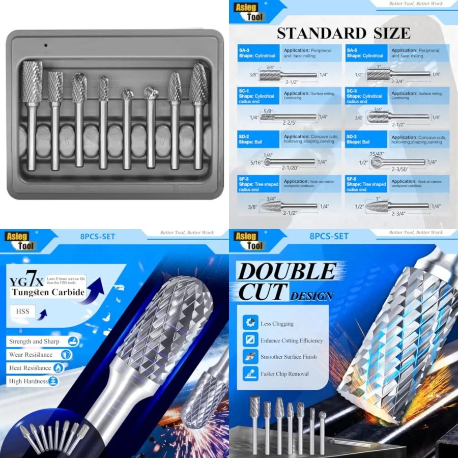 Carbide Burr Set 8pcs with 1/4''Shank Double Cut Solid Power Tools Tungsten Carbide Rotary Files Bits for Die Grinder Metal Woo
Carbide Burr Set 8pcs with 1/4''Shank Double Cut Solid Power Tools Tungsten Carbide Rotary Files Bits for Die Grinder Metal Woo