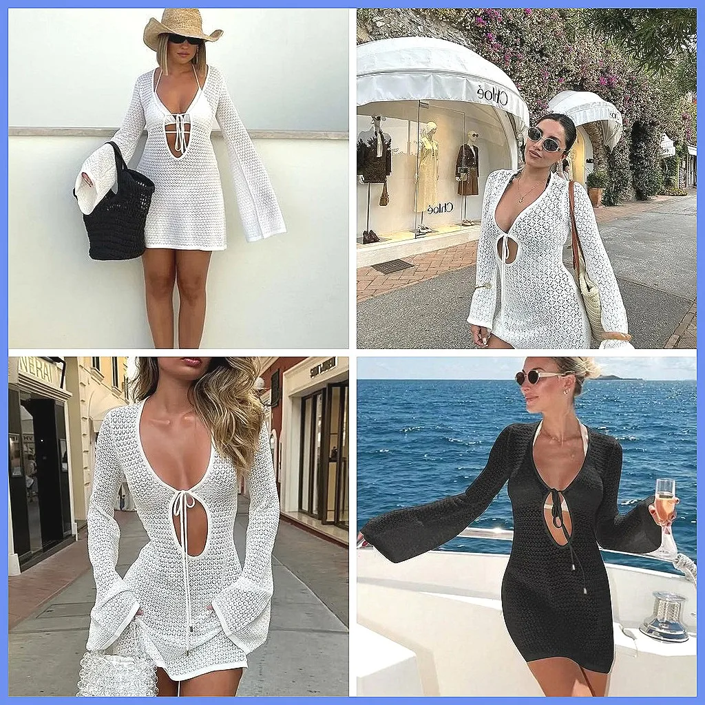 Women's Sexy Knitted Hollow Out Long Sleeve Mini Dress, Lace Up Low Cut Beach Cover Up Dress (72 Characters)
Women's Sexy Knitted Hollow Out Long Sleeve Mini Dress, Lace Up Low Cut Beach Cover Up Dress (72 Characters)