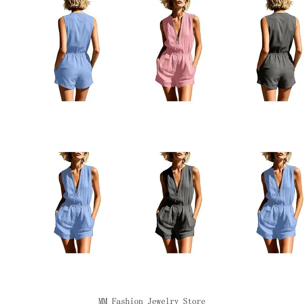 Womens Casual Zip Crewneck Ruffle Sleeveless Rompers With Pockets D0UB
Womens Casual Zip Crewneck Ruffle Sleeveless Rompers With Pockets D0UB