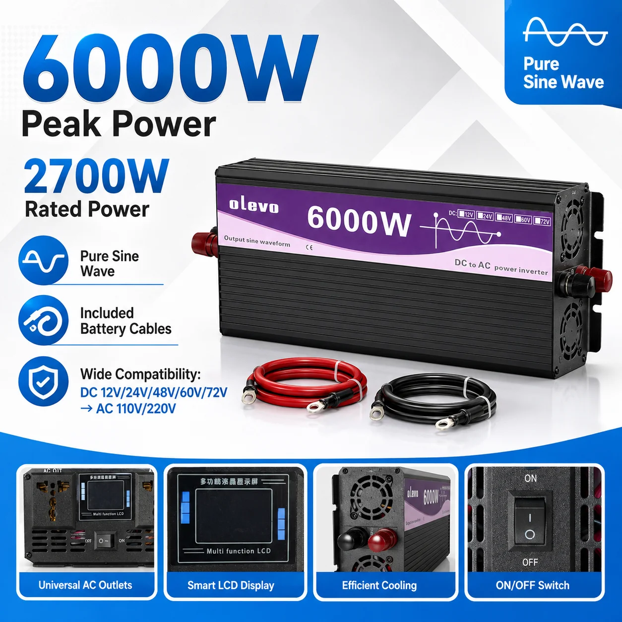 Pure Sine Wave Power Inverter 2700W Peak 6000W DC 12V/24V/48V/60V/72V to AC 110V/220V Car Solar Converter
Pure Sine Wave Power Inverter 2700W Peak 6000W DC 12V/24V/48V/60V/72V to AC 110V/220V Car Solar Converter
