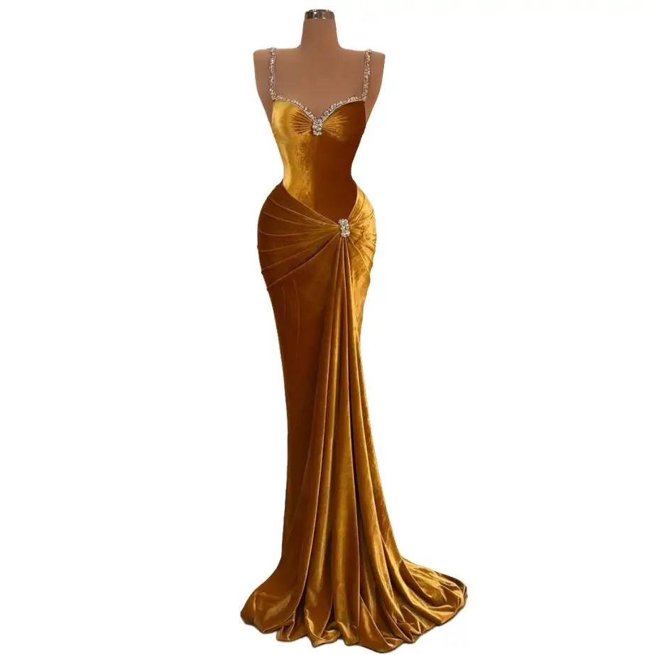 Gold Velour Evening Dresses Spaghetti Straps Crystal robes de soirée Pleat Prom Gown Luxury Party Dress Customized
Gold Velour Evening Dresses Spaghetti Straps Crystal robes de soirée Pleat Prom Gown Luxury Party Dress Customized