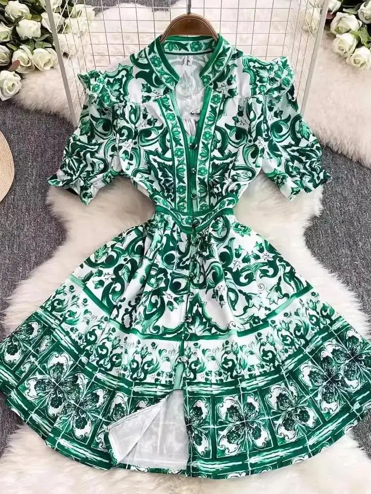 2025 Fashion Summer Holiday Blue And White Porcelain Print Mini Dress Women Short Sleeve V Neck Buttons Beach Party Vestidos
2025 Fashion Summer Holiday Blue And White Porcelain Print Mini Dress Women Short Sleeve V Neck Buttons Beach Party Vestidos