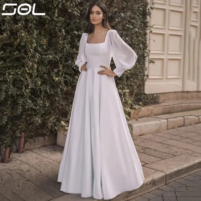 Sol Square Collar Satin Wedding Dresses Long Chiffon Sleeve Beach Bride Dress Floor Length Custom Backless Vestido De Novia 2023
Sol Square Collar Satin Wedding Dresses Long Chiffon Sleeve Beach Bride Dress Floor Length Custom Backless Vestido De Novia 2023