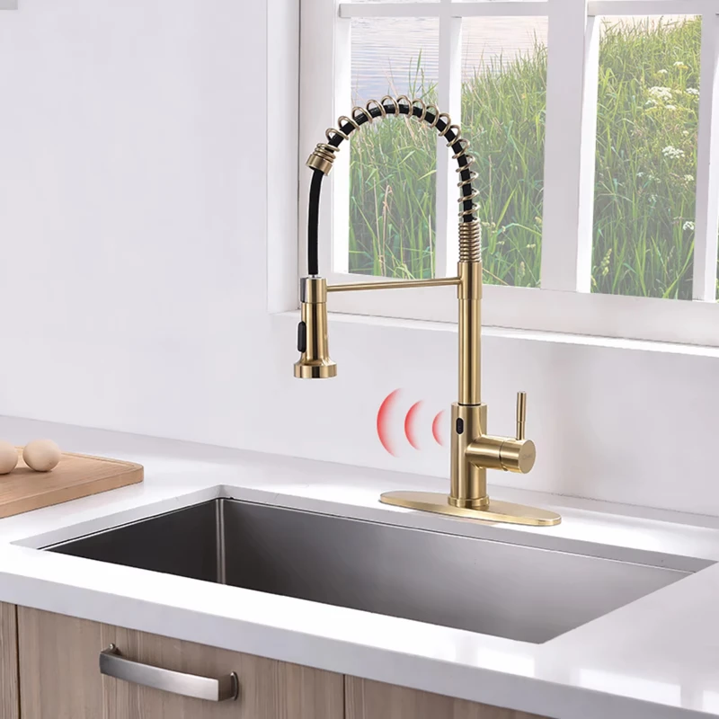 Luxury Single-Hole Kitchen Faucet Non-TOUCH Sensitive Gold Brass Ceramic Sink Faucet with Pull Sprayer Contemporary Design
Luxury Single-Hole Kitchen Faucet Non-TOUCH Sensitive Gold Brass Ceramic Sink Faucet with Pull Sprayer Contemporary Design