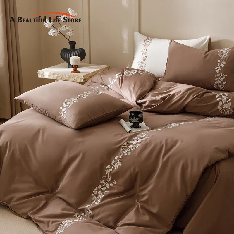 80S Long Staple Cotton Chic lily of the valley Embroidery Brown Bedding Set Duvet Cover Set Flat/Fitted Bed Sheet Pillowcases
80S Long Staple Cotton Chic lily of the valley Embroidery Brown Bedding Set Duvet Cover Set Flat/Fitted Bed Sheet Pillowcases