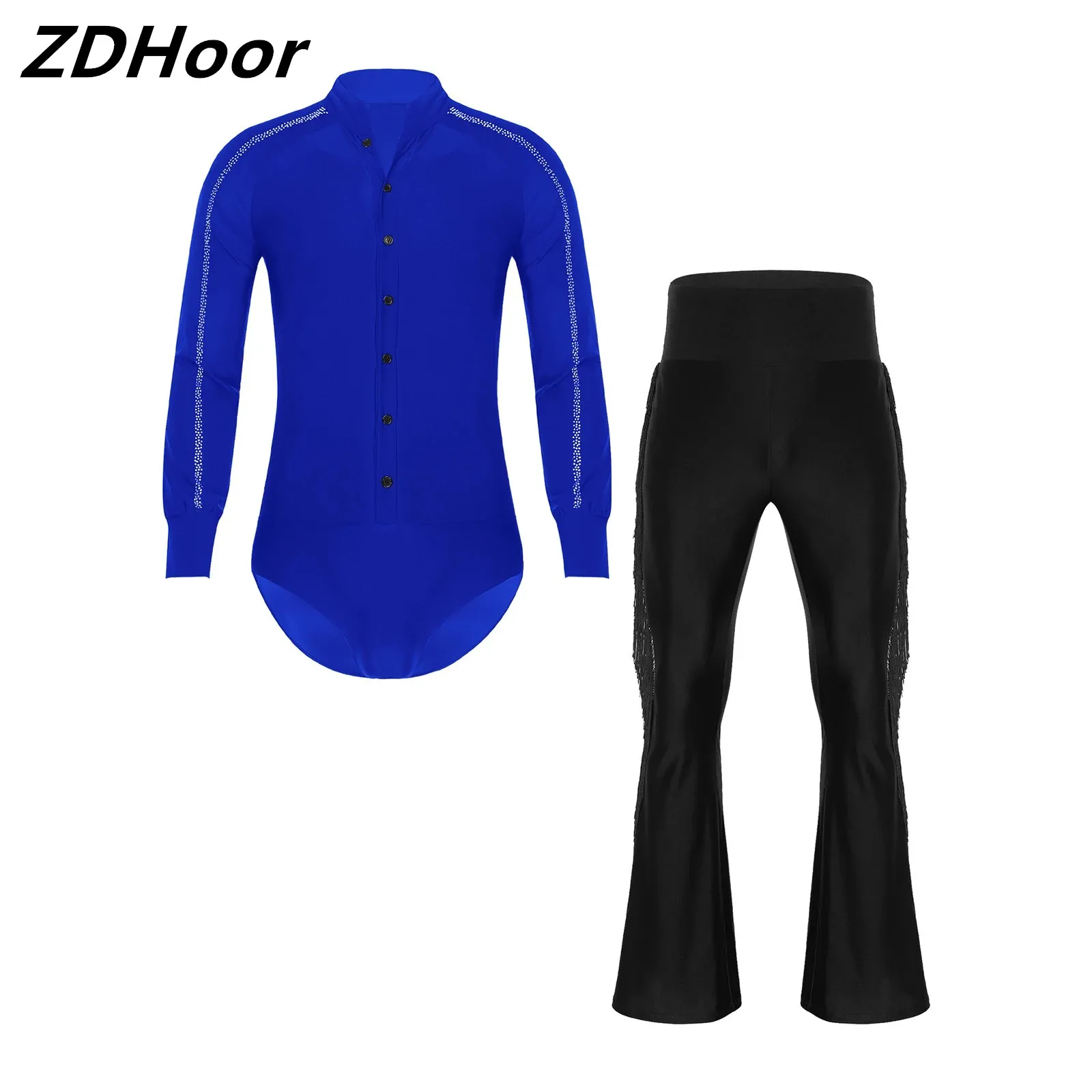 Men Latin Dance Outfits Raglan Sleeve Stand Collar Button Sparkly Rhinestones Leotard with Tassel Flared Pants
Men Latin Dance Outfits Raglan Sleeve Stand Collar Button Sparkly Rhinestones Leotard with Tassel Flared Pants
