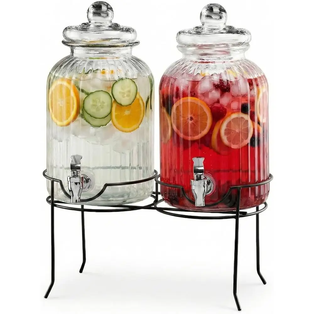2-1.3 Gallon Glass Beverage Dispenser Set with Stand and Spigot for Parties and Events
2-1.3 Gallon Glass Beverage Dispenser Set with Stand and Spigot for Parties and Events